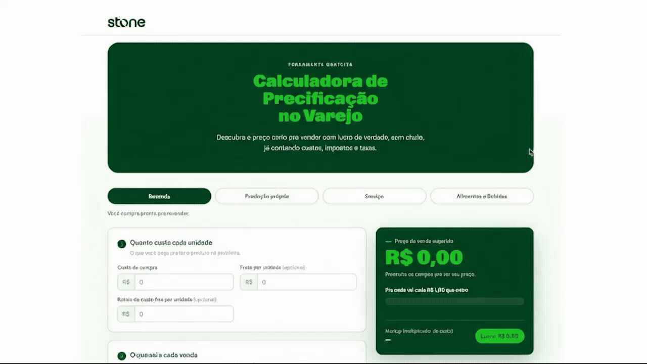 Gif de funcionamento da calculadora de precificação